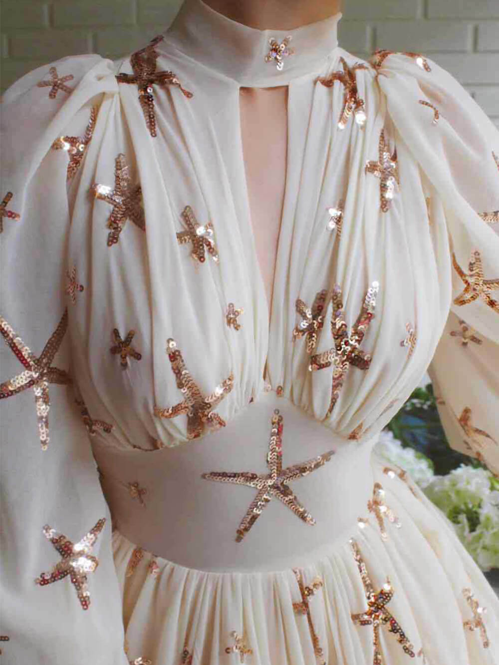 Starfish Sequin Mock Neck Keyhole Lantern Sleeve Side Slit Maxi Dress