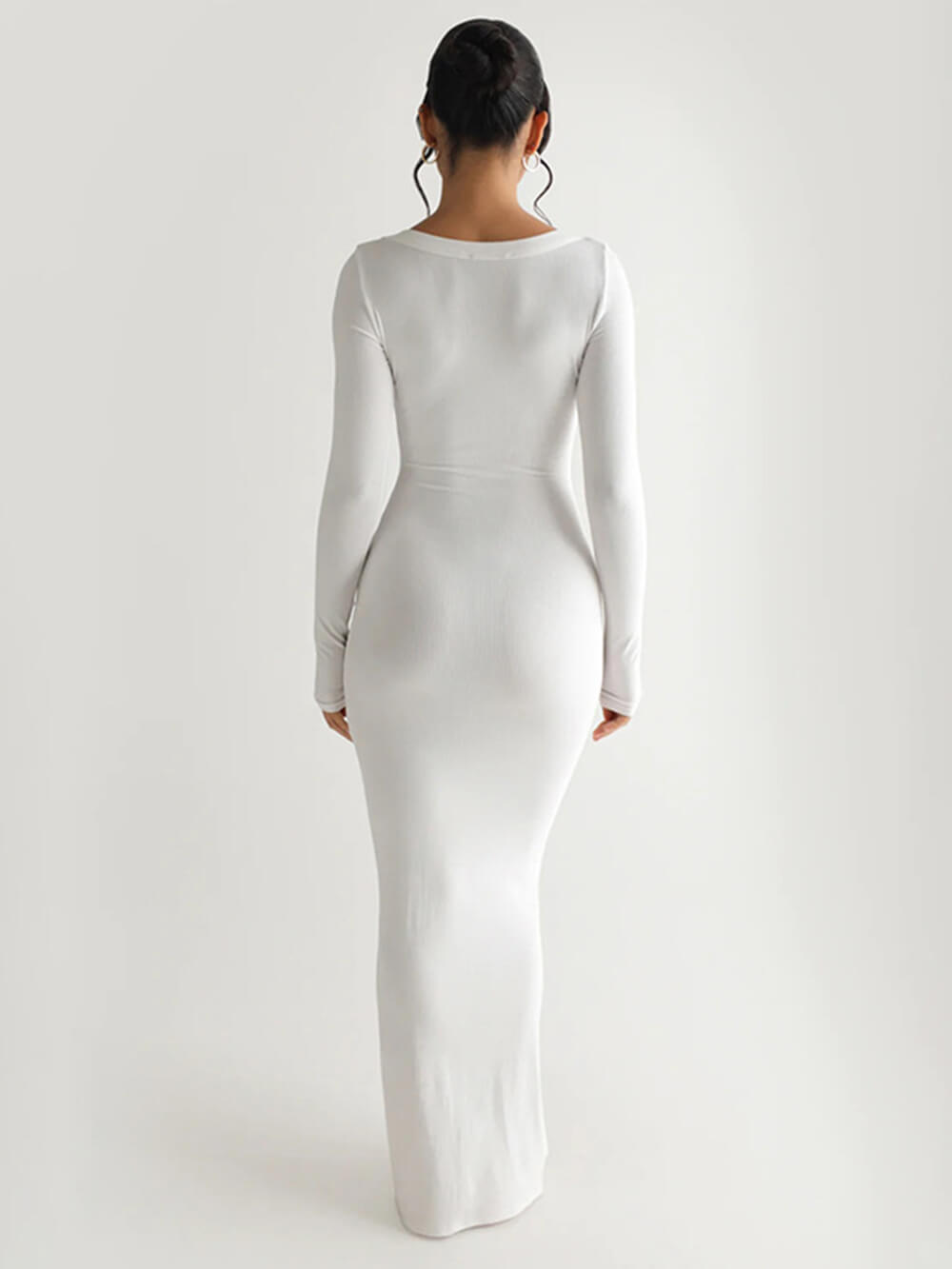 Ribbed Knit Square Neck Long Sleeve Bodycon Maxi Dress