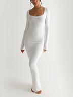 Ribbed Knit Square Neck Long Sleeve Bodycon Maxi Dress