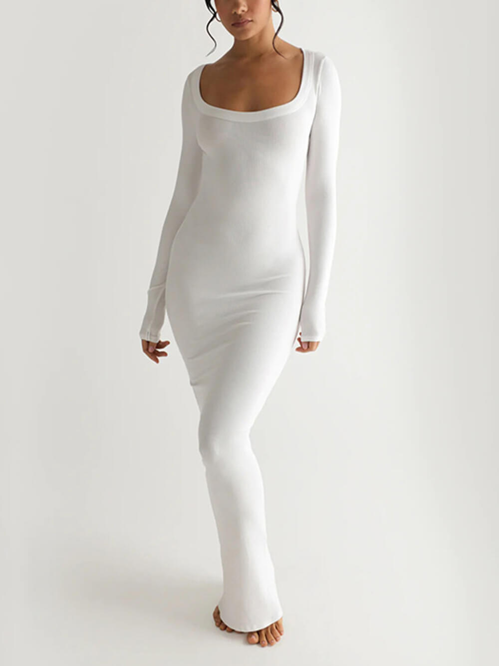 Ribbed Knit Square Neck Long Sleeve Bodycon Maxi Dress