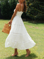 Spaghetti Strap Lace Inset Tiered Ruffle Hem Boho Maxi Dress