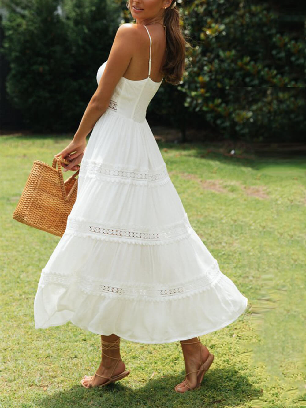 Spaghetti Strap Lace Inset Tiered Ruffle Hem Boho Maxi Dress