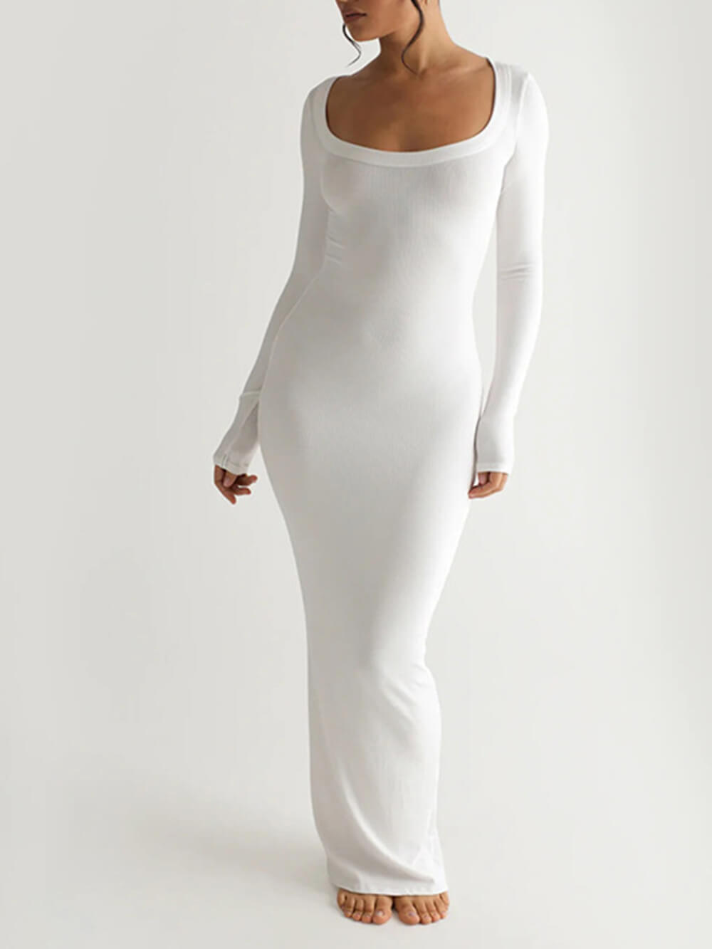 Ribbed Knit Square Neck Long Sleeve Bodycon Maxi Dress
