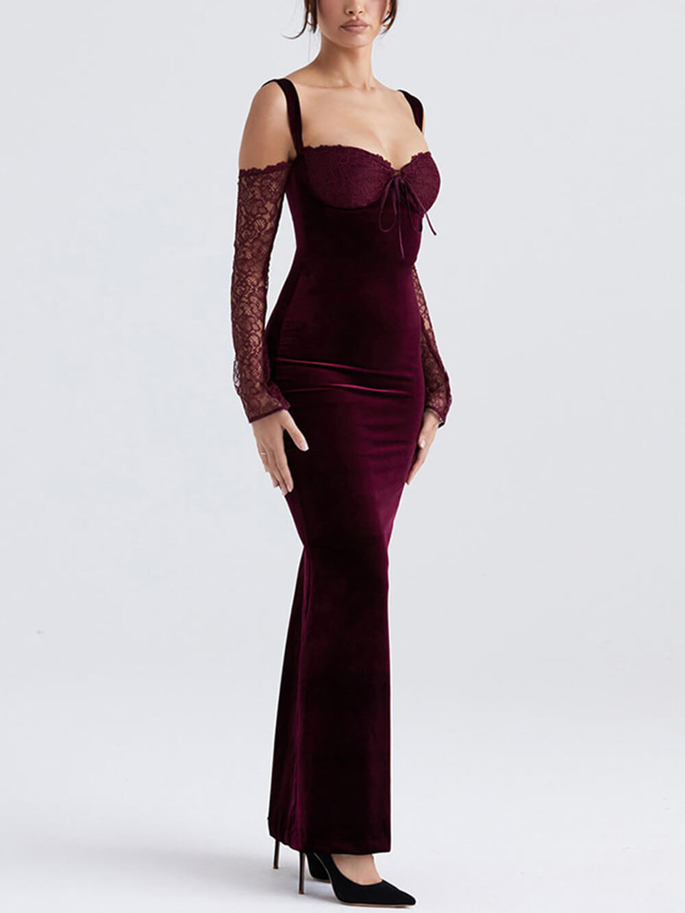Sweetheart Cold Shoulder Lace Sleeve Velvet Maxi Dress