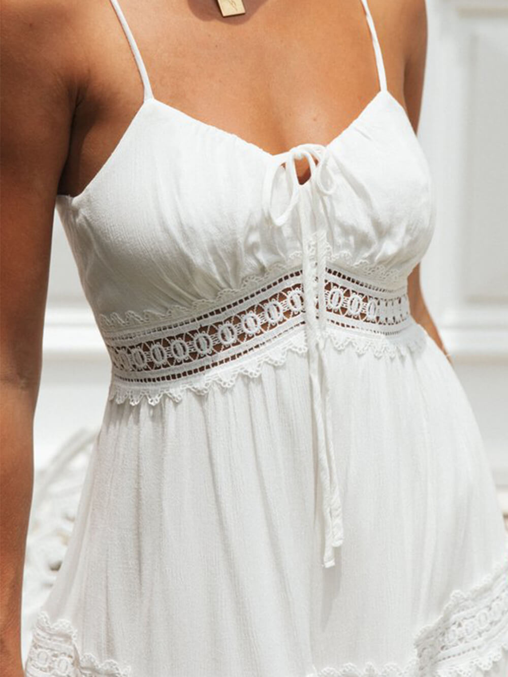 Spaghetti Strap Lace Inset Tiered Ruffle Hem Boho Maxi Dress