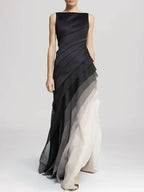 Gradient Diagonal Pleated Bodice Tiered Layered Maxi Gown