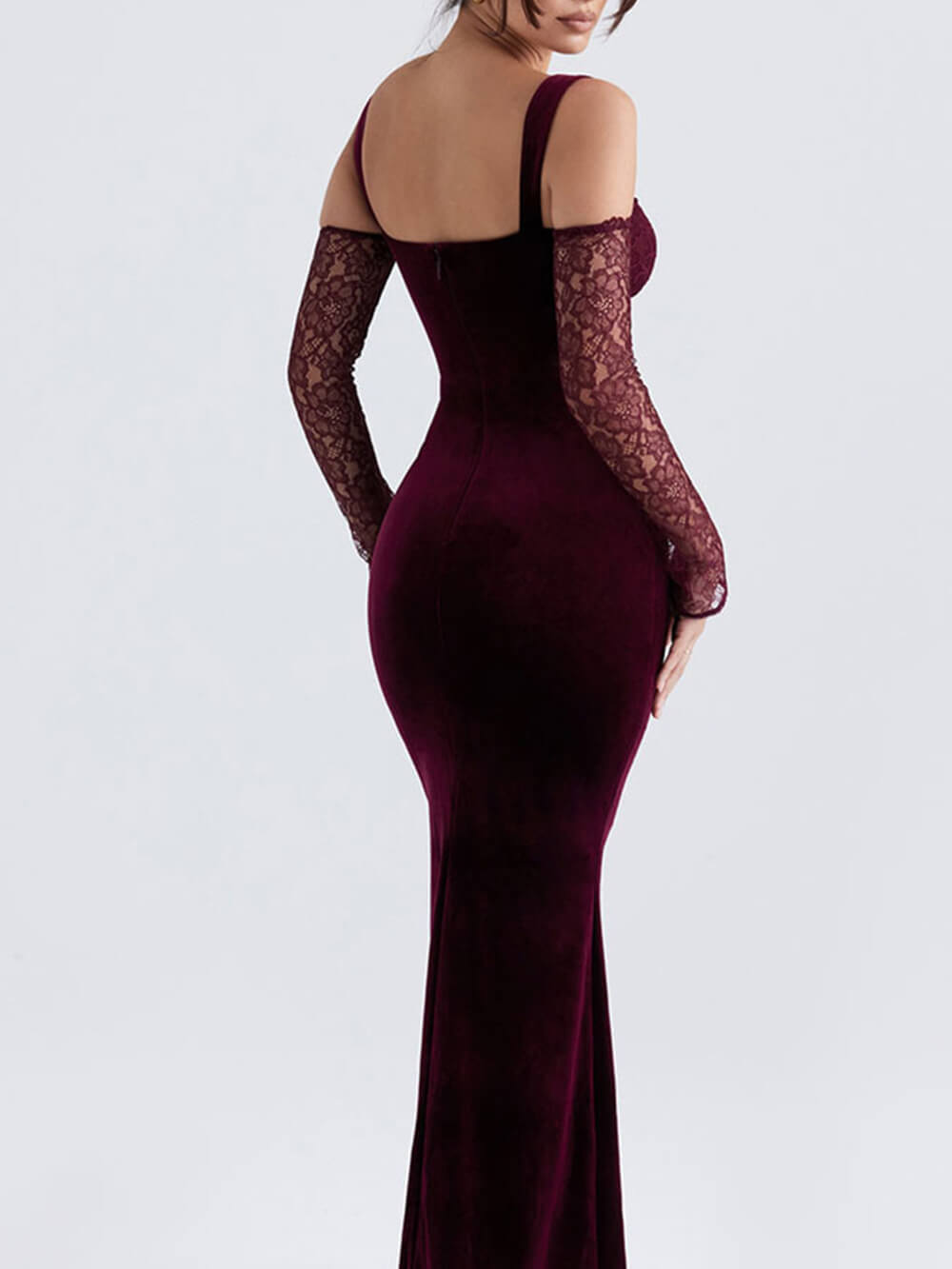 Sweetheart Cold Shoulder Lace Sleeve Velvet Maxi Dress