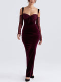 Sweetheart Cold Shoulder Lace Sleeve Velvet Maxi Dress