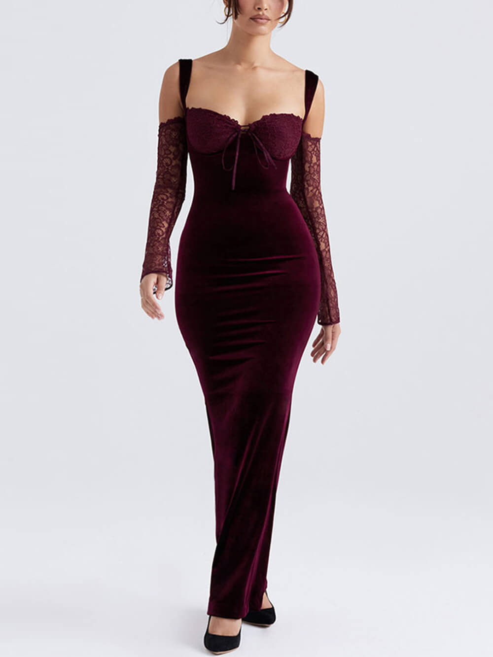 Sweetheart Cold Shoulder Lace Sleeve Velvet Maxi Dress