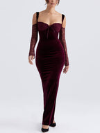 Sweetheart Cold Shoulder Lace Sleeve Velvet Maxi Dress