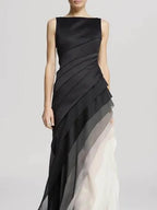 Gradient Diagonal Pleated Bodice Tiered Layered Maxi Gown