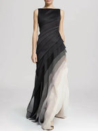 Gradient Diagonal Pleated Bodice Tiered Layered Maxi Gown