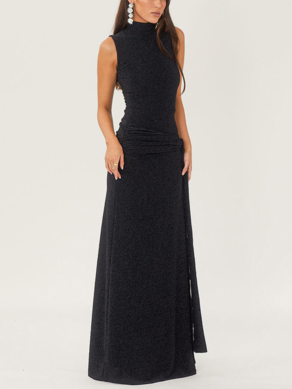 Mock Neck Shimmer Knit Long Tie Sash Ruched Bodycon Maxi Gown