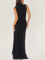 Mock Neck Shimmer Knit Long Tie Sash Ruched Bodycon Maxi Gown