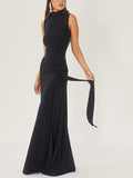 Mock Neck Shimmer Knit Long Tie Sash Ruched Bodycon Maxi Gown
