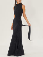 Mock Neck Shimmer Knit Long Tie Sash Ruched Bodycon Maxi Gown