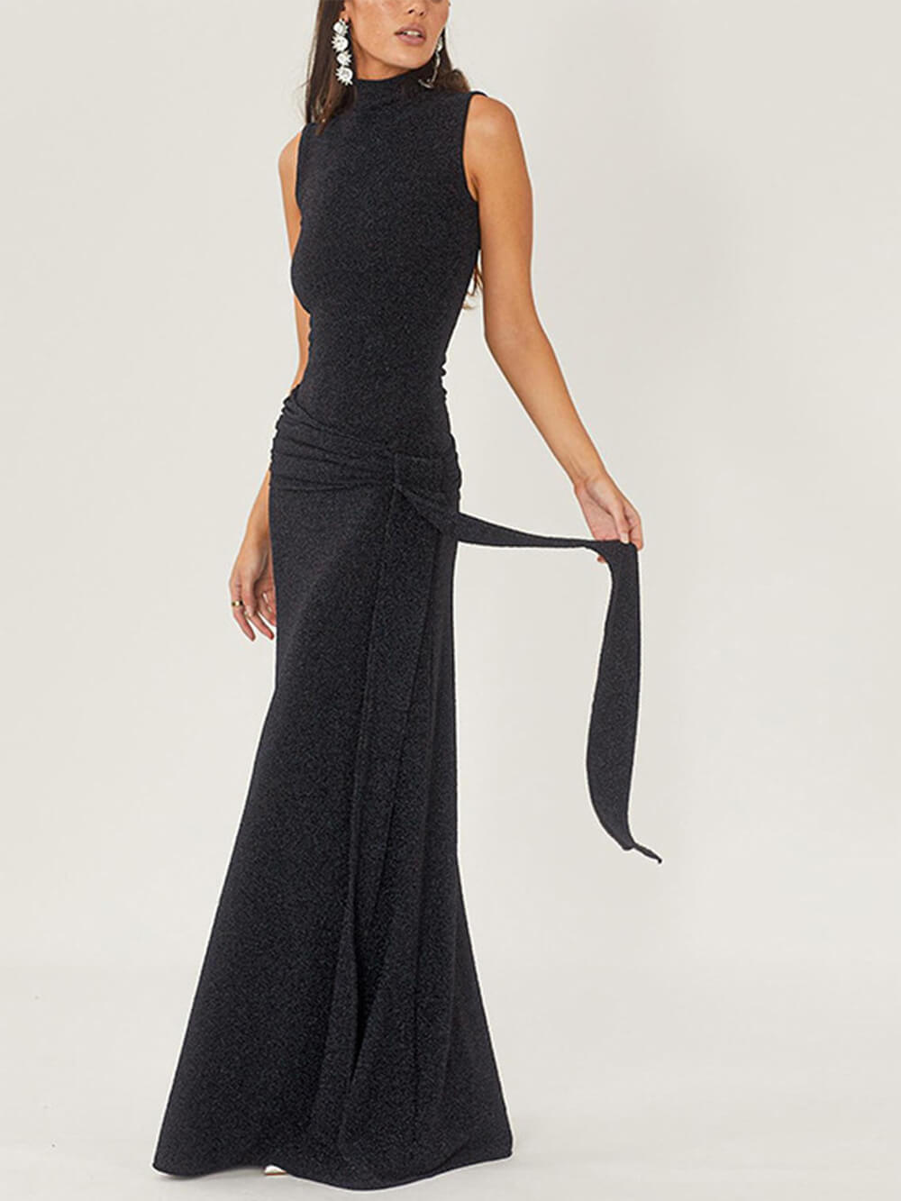 Mock Neck Shimmer Knit Long Tie Sash Ruched Bodycon Maxi Gown