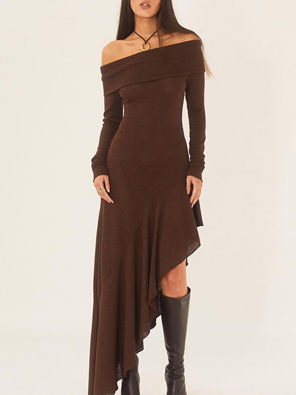Off Shoulder Asymmetric Ruffle Hem Ribbed Knit Midi Dress