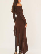 Off Shoulder Asymmetric Ruffle Hem Ribbed Knit Midi Dress