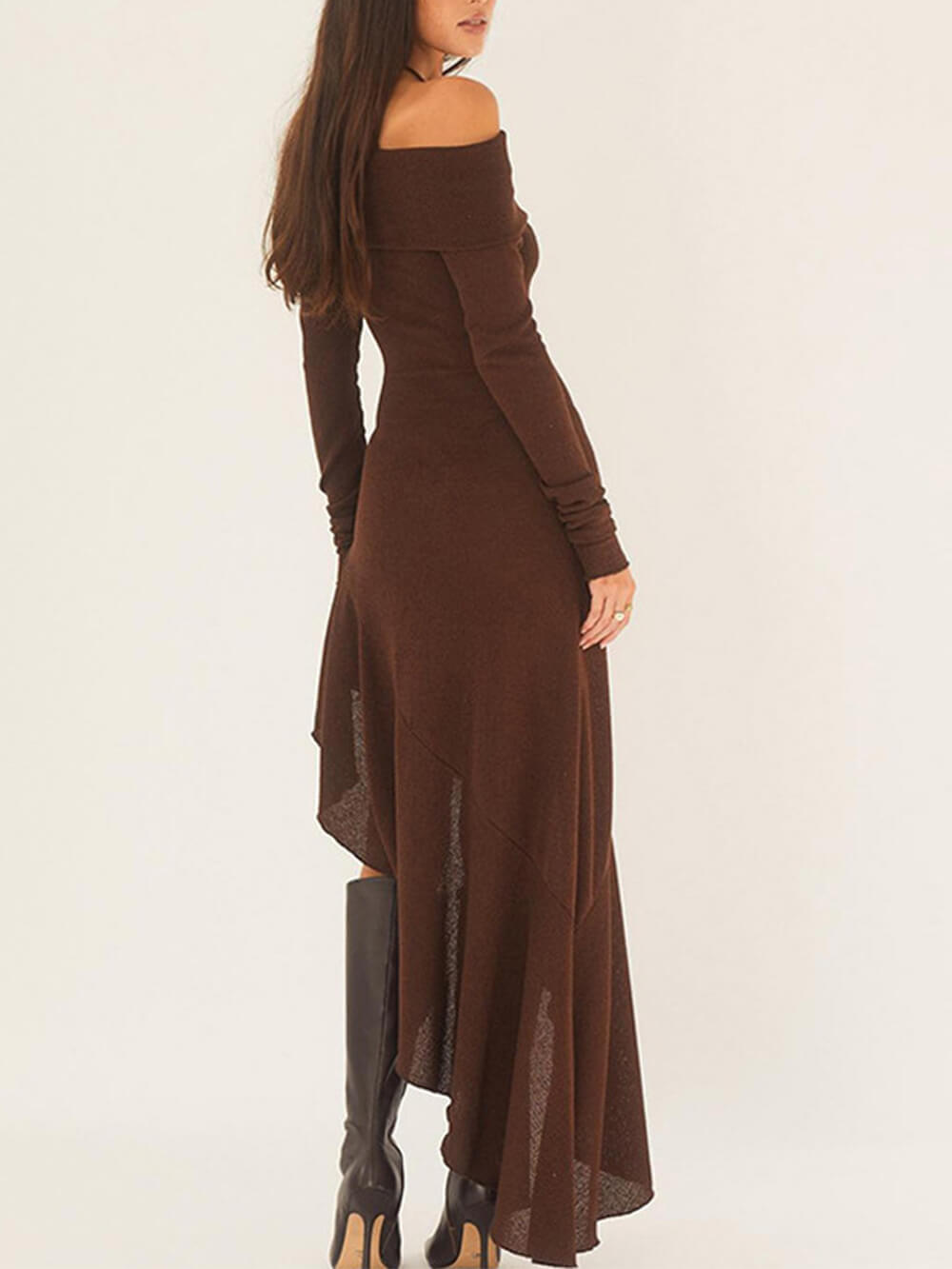 Off Shoulder Asymmetric Ruffle Hem Ribbed Knit Midi Dress
