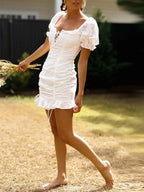 Eyelet Embroidery Lace Up Corset Puff Sleeve Ruched Ruffle Hem Mini Dress