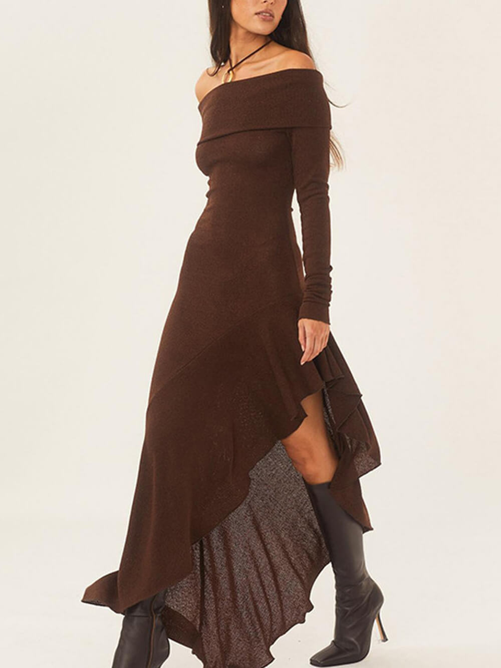 Off Shoulder Asymmetric Ruffle Hem Ribbed Knit Midi Dress