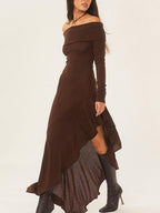 Off Shoulder Asymmetric Ruffle Hem Ribbed Knit Midi Dress