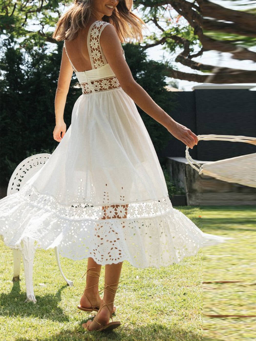 Crochet Lace Insert Square Neck Spaghetti Strap Tiered Maxi Dress