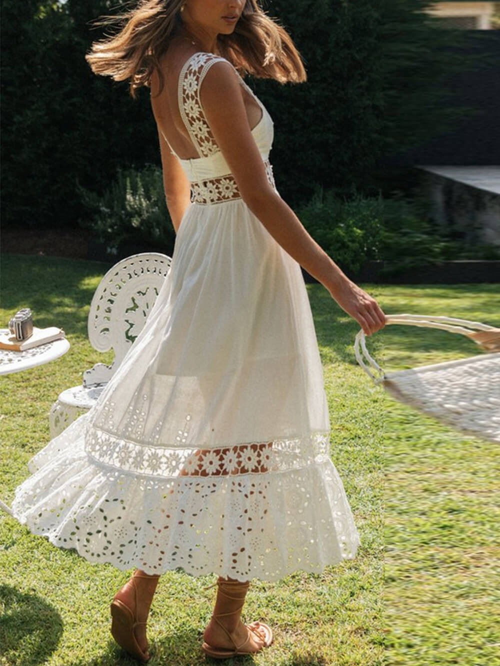 Crochet Lace Insert Square Neck Spaghetti Strap Tiered Maxi Dress