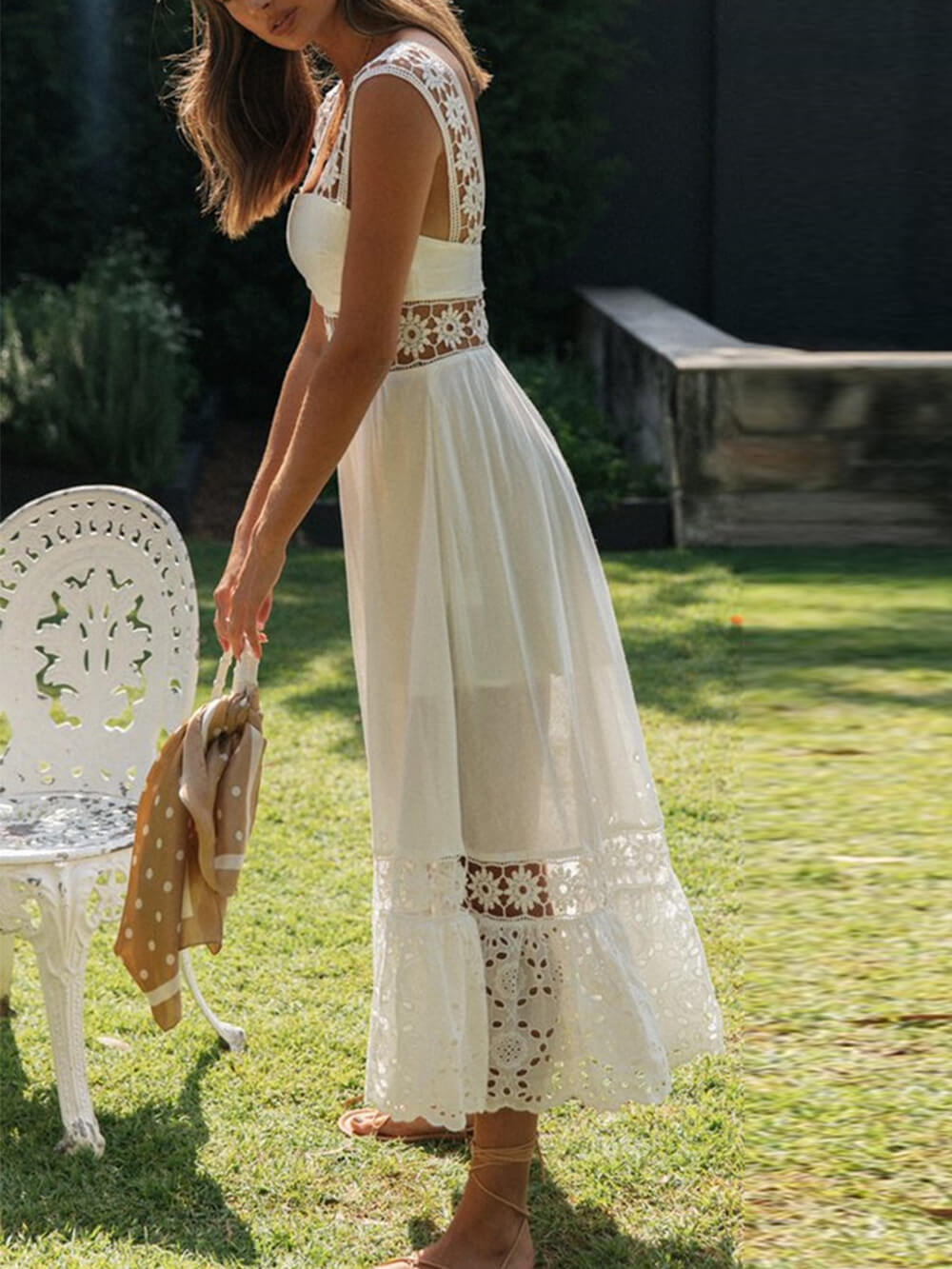 Lace Panel Square Neck Waist Cutout Sleeveless Maxi Dress