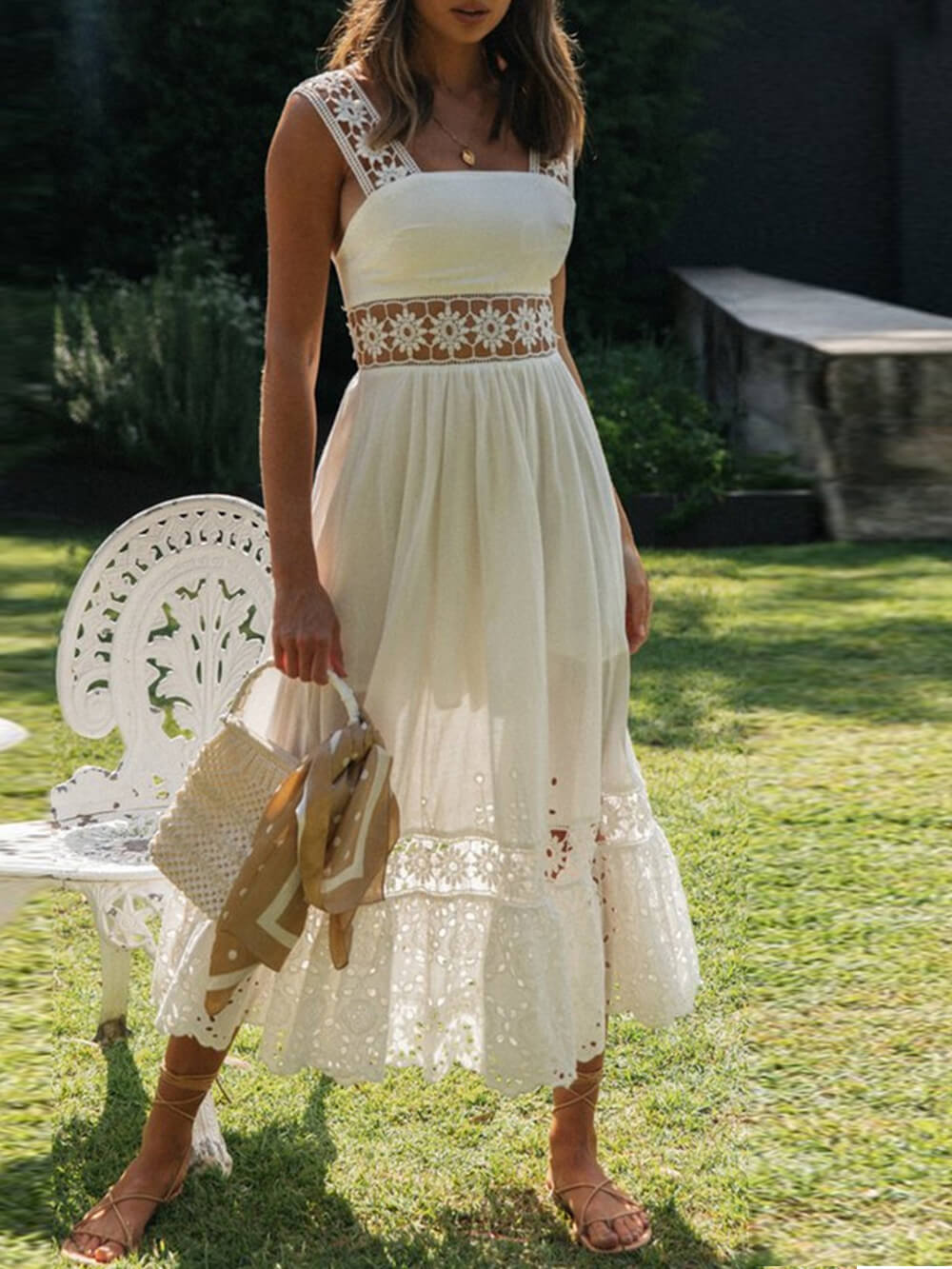 Crochet Lace Insert Square Neck Spaghetti Strap Tiered Maxi Dress