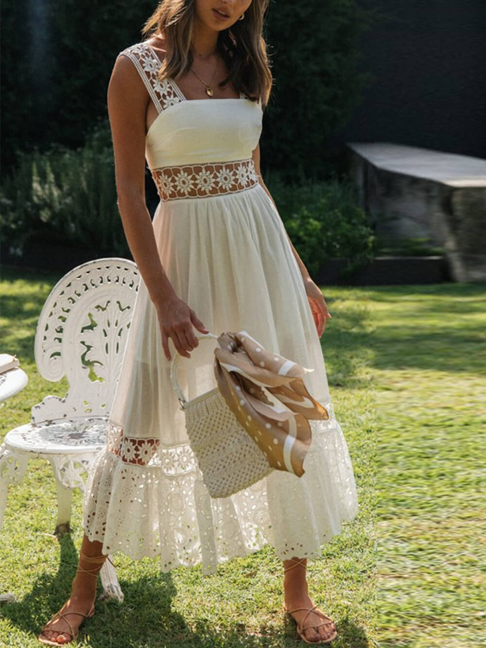 Crochet Lace Insert Square Neck Spaghetti Strap Tiered Maxi Dress