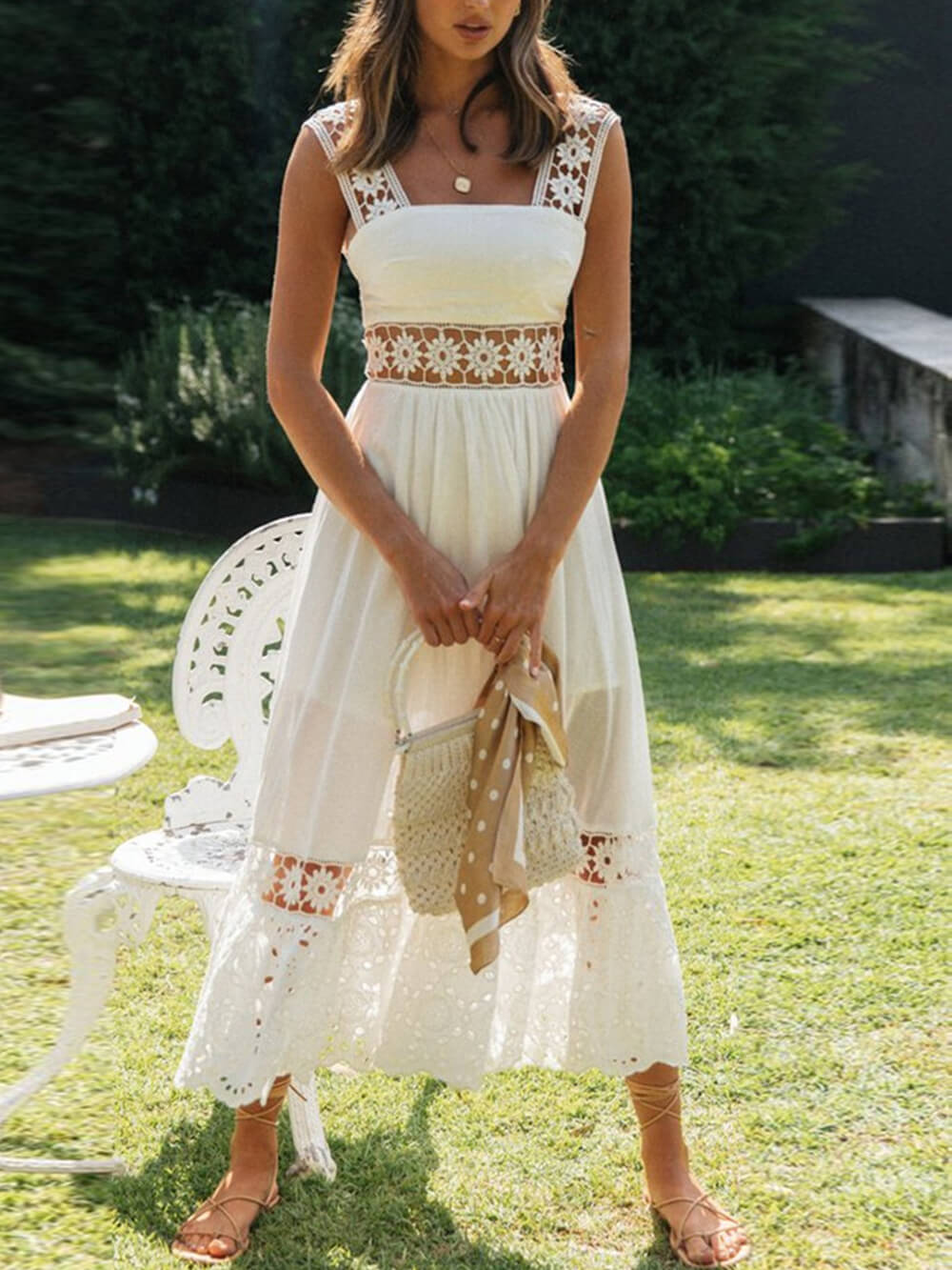 Lace Panel Square Neck Waist Cutout Sleeveless Maxi Dress