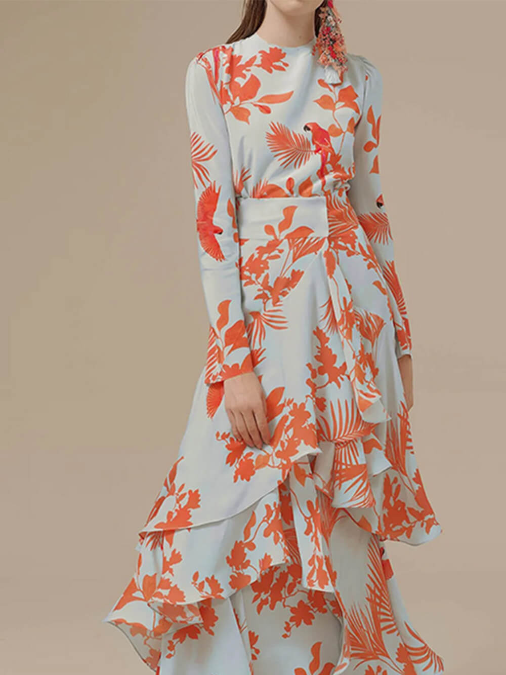 Crew Neck Tropical Print Tiered Ruffle Wrap Maxi Dress