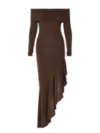Off Shoulder Asymmetric Ruffle Hem Ribbed Knit Midi Dress