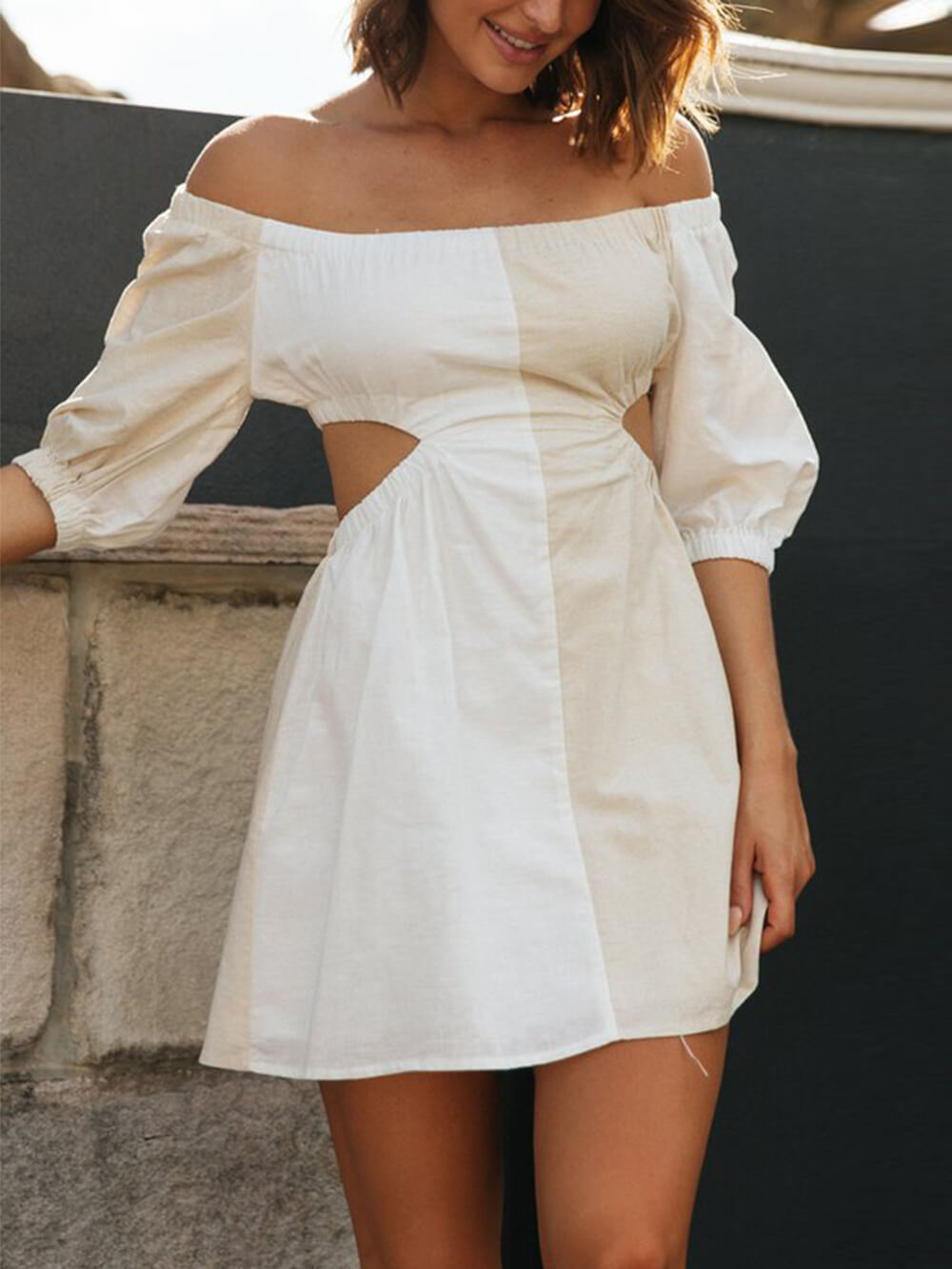 Off Shoulder Puff Sleeve Side Cutout Waist Linen Blend Mini Dress