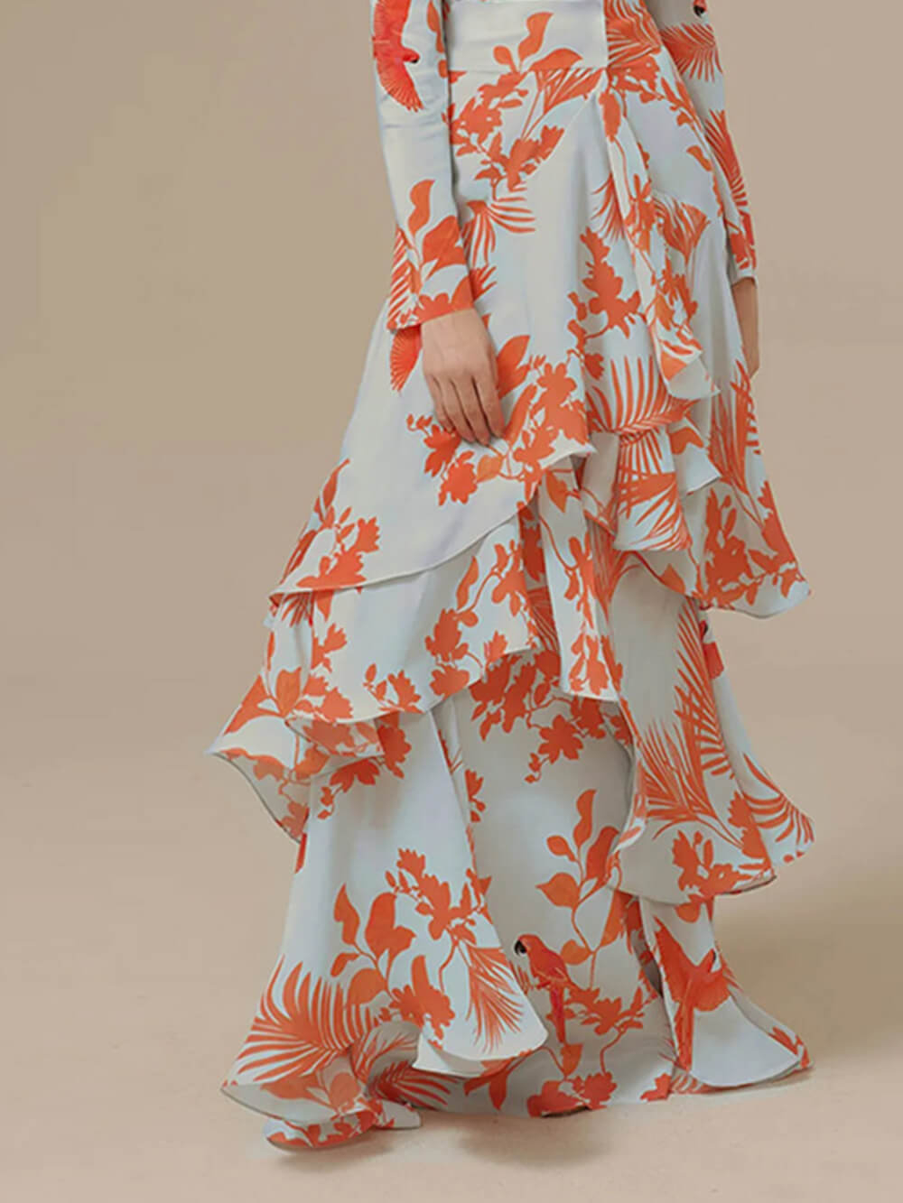 Crew Neck Tropical Print Tiered Ruffle Wrap Maxi Dress