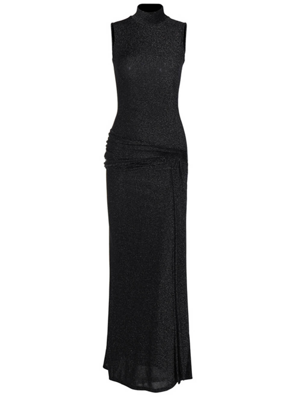 Mock Neck Shimmer Knit Long Tie Sash Ruched Bodycon Maxi Gown