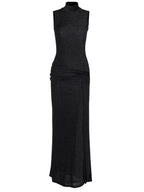 Mock Neck Shimmer Knit Long Tie Sash Ruched Bodycon Maxi Gown