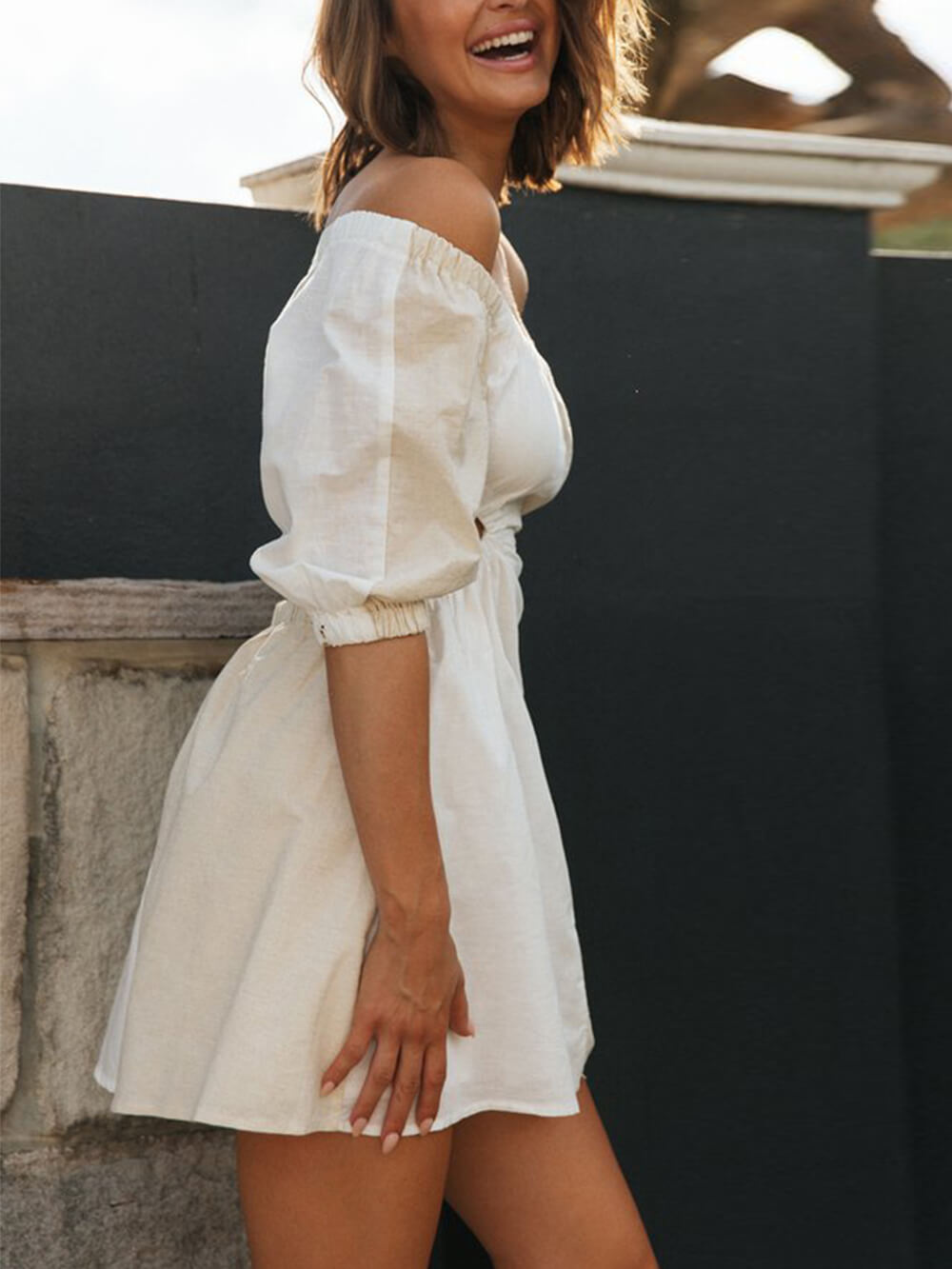 Off Shoulder Puff Sleeve Side Cutout Waist Linen Blend Mini Dress