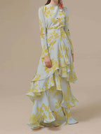 Crew Neck Tropical Print Tiered Ruffle Wrap Maxi Dress