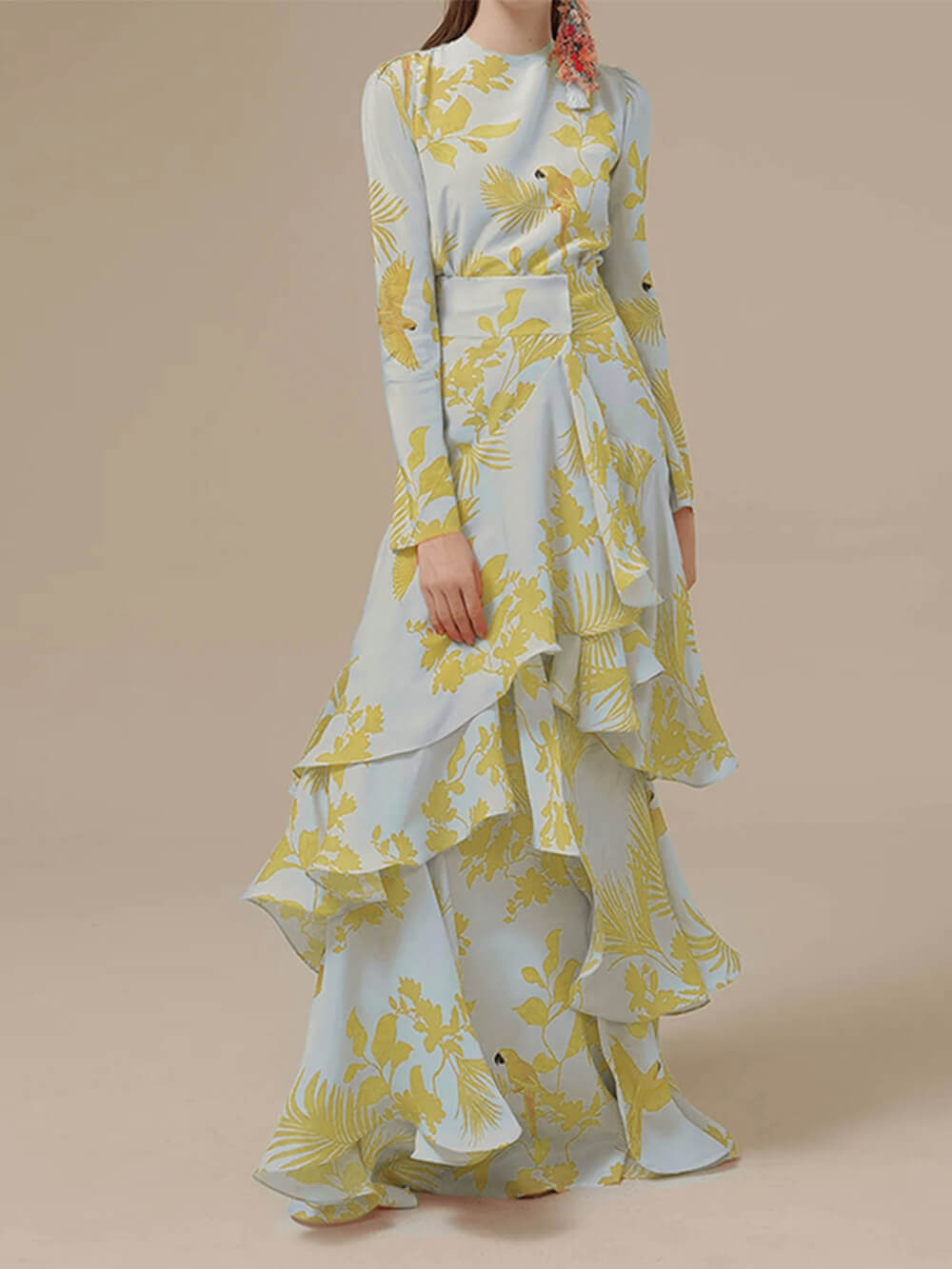Crew Neck Tropical Print Tiered Ruffle Wrap Maxi Dress