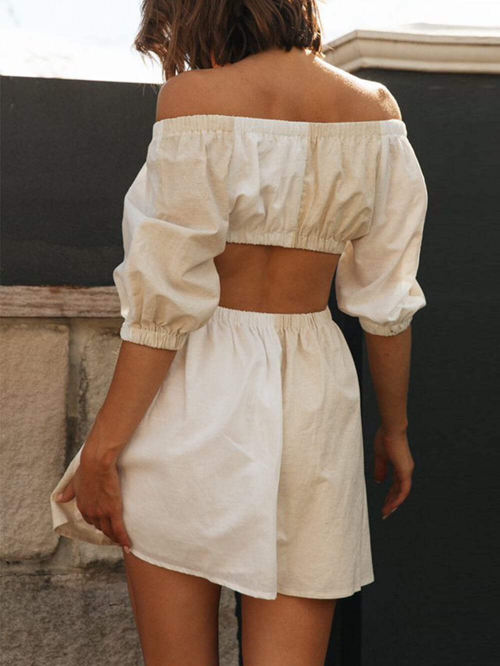 Off Shoulder Puff Sleeve Side Cutout Waist Linen Blend Mini Dress