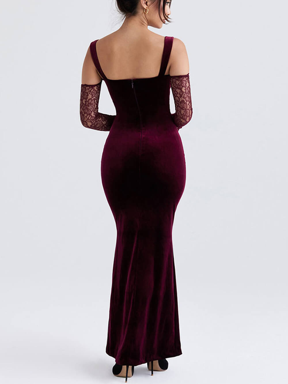 Sweetheart Cold Shoulder Lace Sleeve Velvet Maxi Dress