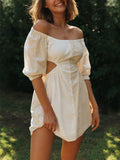Off Shoulder Puff Sleeve Side Cutout Waist Linen Blend Mini Dress