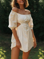 Off Shoulder Puff Sleeve Side Cutout Waist Linen Blend Mini Dress