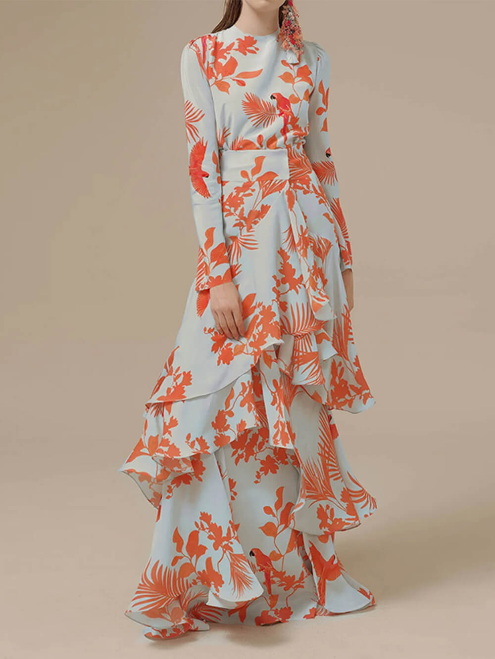 Crew Neck Tropical Print Tiered Ruffle Wrap Maxi Dress