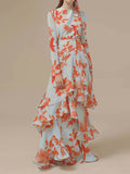 Crew Neck Tropical Print Tiered Ruffle Wrap Maxi Dress