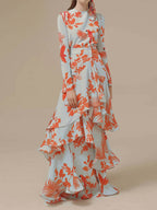 Crew Neck Tropical Print Tiered Ruffle Wrap Maxi Dress
