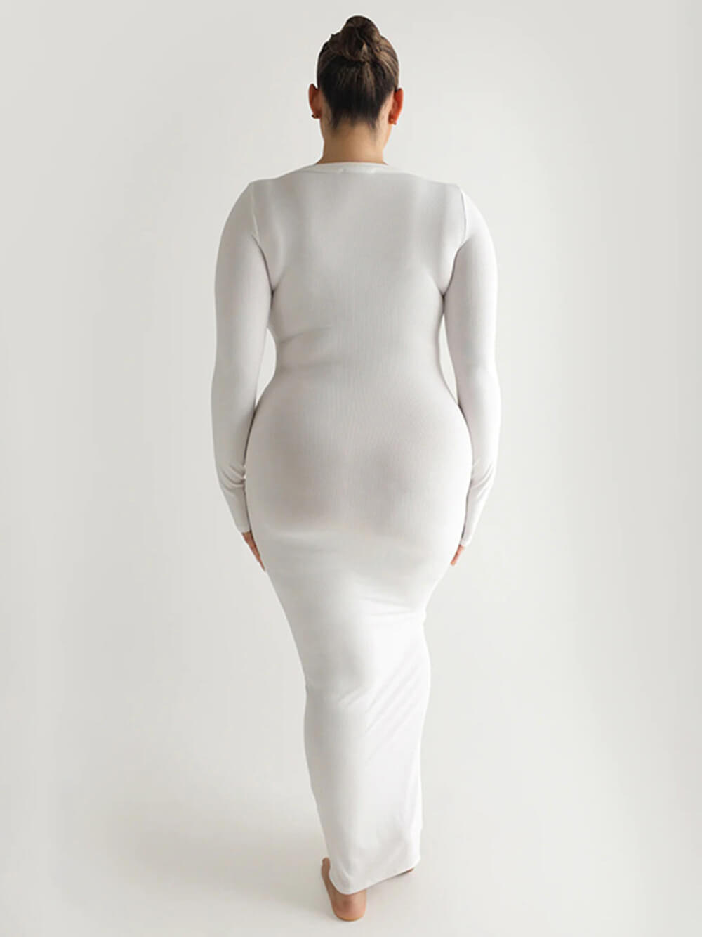 Ribbed Knit Square Neck Long Sleeve Bodycon Maxi Dress